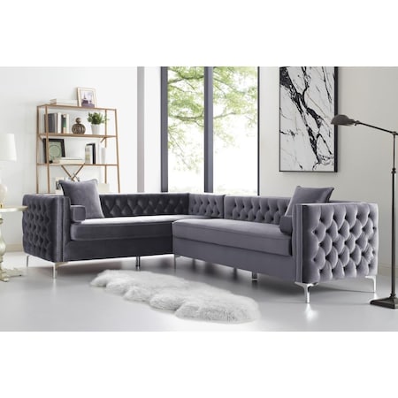 Posh Living Posh Living Levi Velvet Tufted with Silver Nailhead Trim Metal Y-leg Left Facing Corner Sectional Sofa - Grey CL01-02GR1-UE